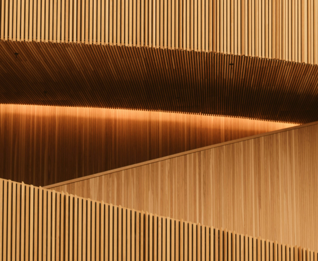 A photo By Matt Hanns Schroeter of an architechural wooden staircase
